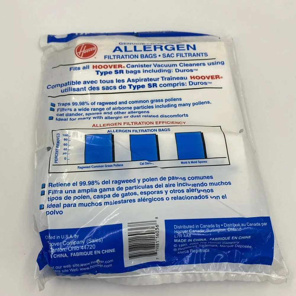 Hoover Allergen Filtration Vacuum Cleaner Bags (3) Type SR 401010SR Genuine NIP